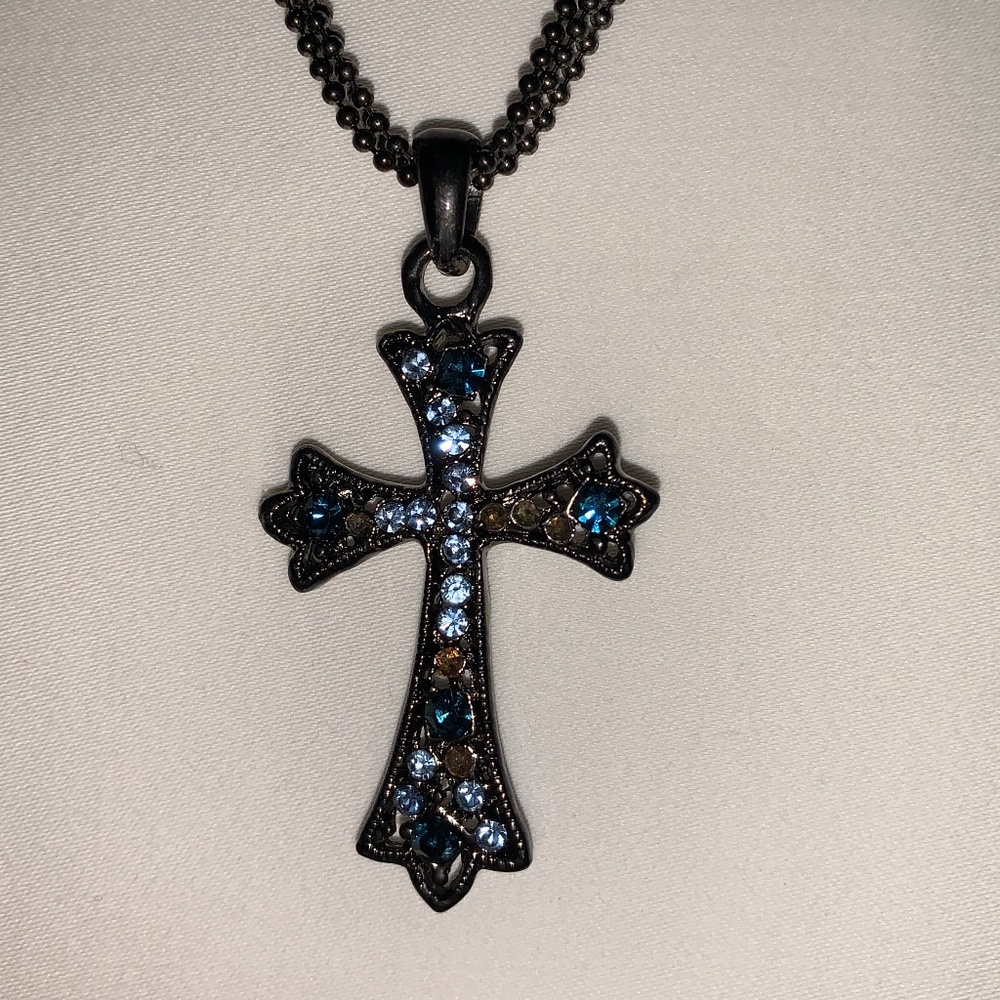 3 Chain Necklace w/Rhinestone Cross - 18" Long - Picture 2 of 6